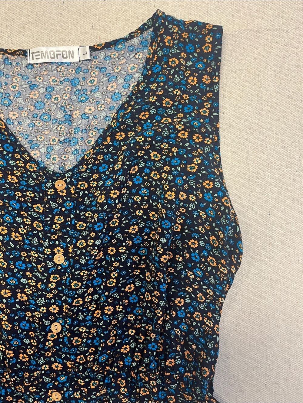 TEMOFON Floral Button Front Midi Dress Pockets Boho Cottagecore Size L - Picture 5 of 16